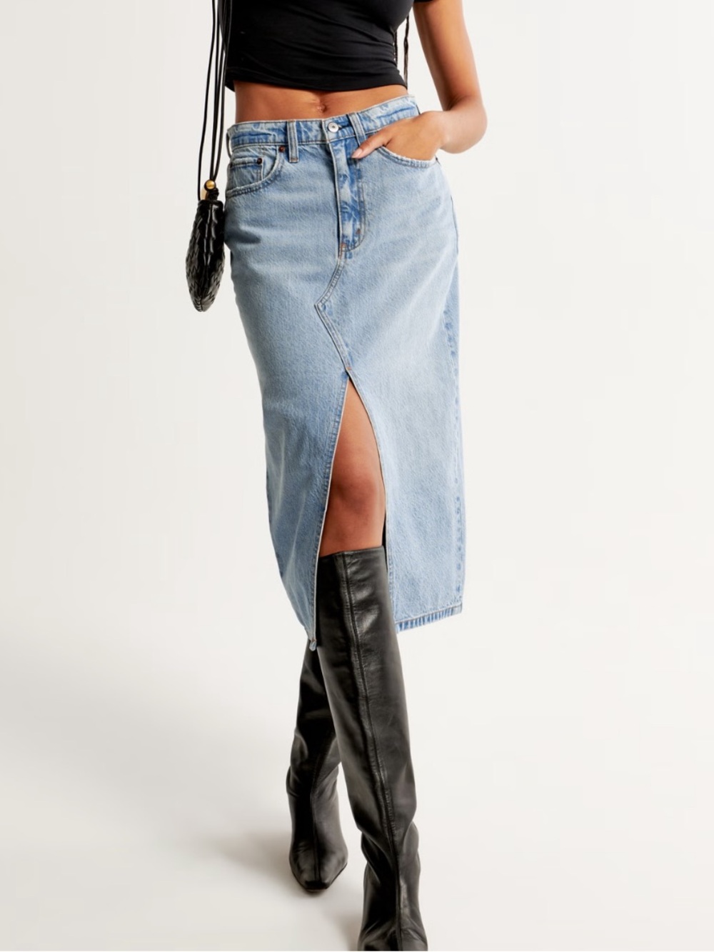 A&F Light Wash Denim Midi Skirt with Front Slit